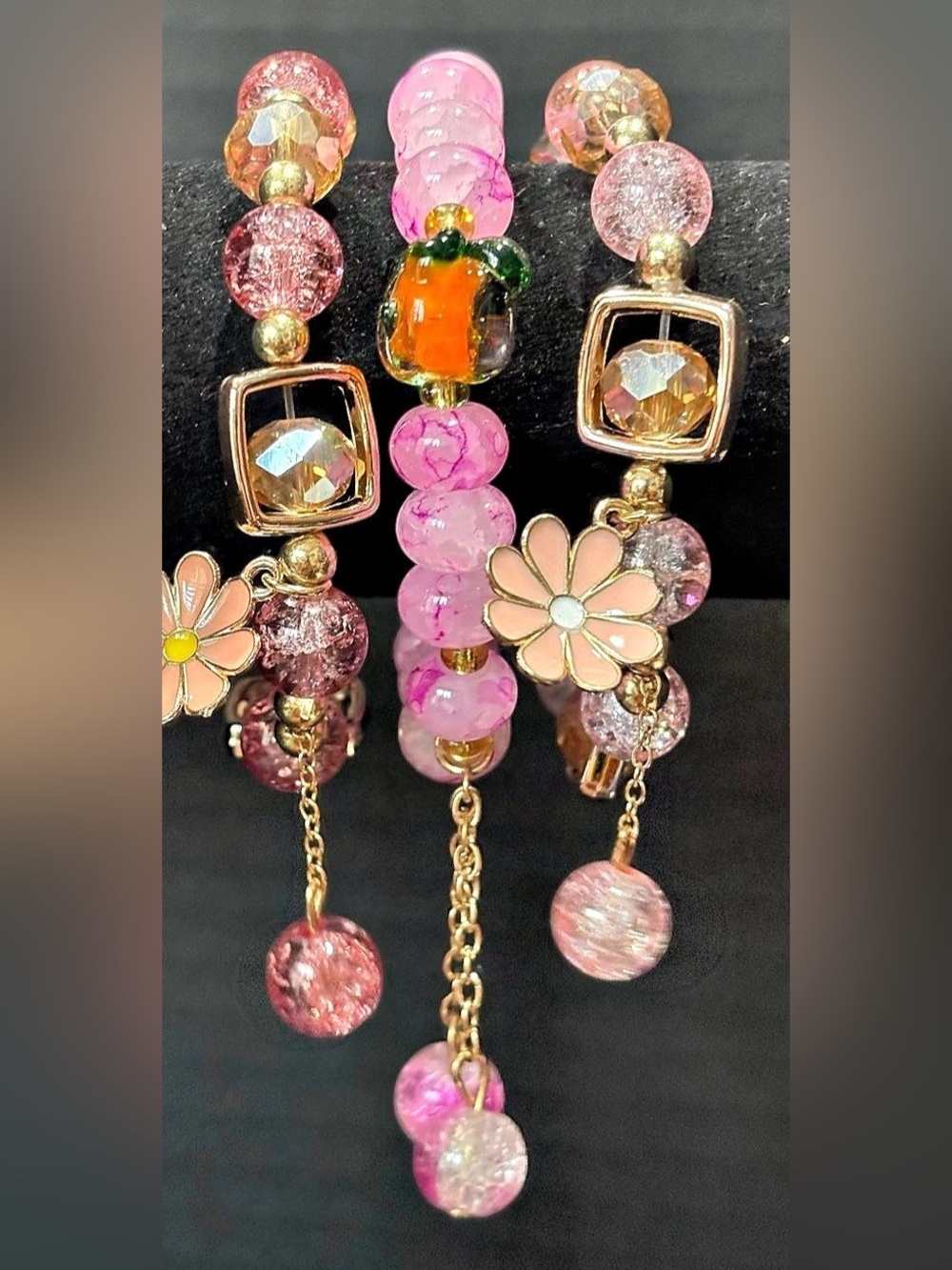Pink & Gold Beaded Charm Bracelet Like New